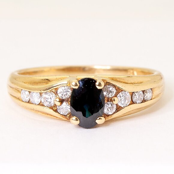 Vintage 18kt Yellow Gold Natural Sapphire and Real Diamonds Ring Size 6.75 3.8gr - Picture 3 of 7